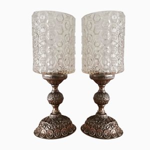 Ornate Silver Brass & Cut Glass Torch Bedside Lamps, 1950s, Set of 2
