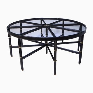 Stitched Leather and Brass Table by Jacques Adnet