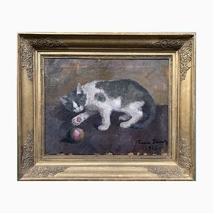 Frode Kierulf, Dänische Impressionistische Malerei, Katze, 1916, Öl auf Leinwand, Gerahmt