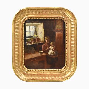 Painting of a Woman with Baby, 19th-Century, Oil on Canvas, Framed