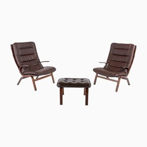 2 skandinavische Sessel & Hocker mit hoher Rückenlehne von Kleppe, 3er Set
