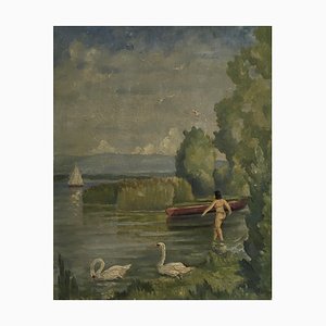 Jules Gaillepand, La baigneuse aux cygnes, Pointe à la Bise Genève, 1929, Oil on Canvas