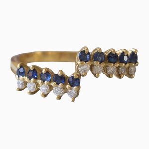 Vintage 18k Gold Ring with Sapphires and Diamonds, 1970s