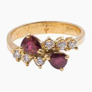 Vintage 18k Yellow Gold Ring with Diamonds and Pear Cut Rubies, 1970s