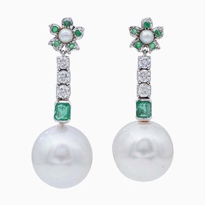 South-Sea Pearl Emeralds Diamonds,18 Karat White Gold Dangle Earrings, Set of 2