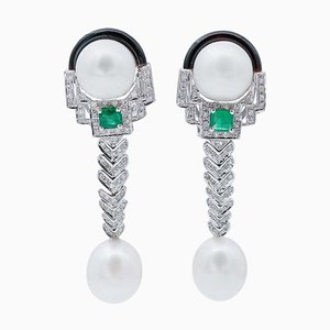 14 Karat White Gold with Diamonds Emeralds Pearls & Onyx Dangle Earrings, Set of 2