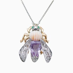 14 Karat Rose Gold Silver Amethyst Coral Emeralds Diamonds Pendant Necklace
