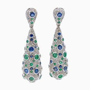 Emerald Diamonds Sapphires Rose Gold & Silver Dangle Earrings, Set of 2