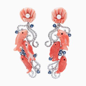 14 Karat White Gold Coral Diamonds Blue Sapphires Pearls Dangle Earrings, Set of 2