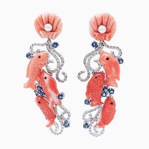 Aretes colgantes de diamantes de coral de oro blanco de 14 kt con perlas de zafiros azules, juego de 2