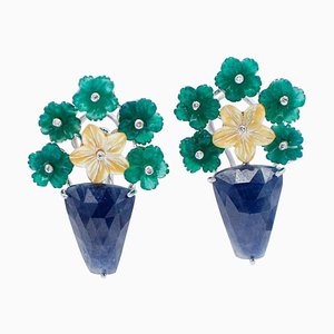 Sapphires Green Agate Yellow Stone Diamonds & Platinum Earrings, Set of 2