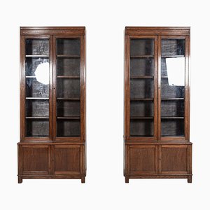 Slim English Glazed Bookcases in Oak, Set of 2