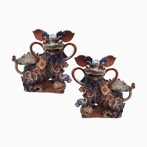 Chiens Foo en Porcelaine Émaillée, Fin 19ème Siècle, Set de 2