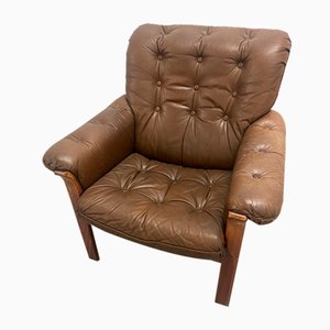 Danish Brown Leather Armchair with Wooden Frame