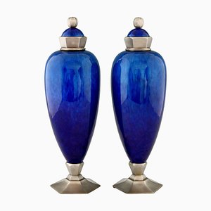 Jarrones Art Déco de cerámica azul y bronce de Paul Milet para Sèvres, 1925. Juego de 2