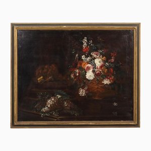 École Lombard, Nature Morte avec Raisins, Fleurs et Champignons, Fin des années 1600, Huile sur Toile, Encadrée