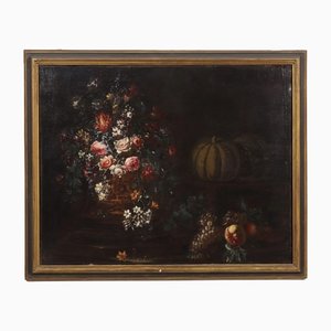 Artiste de l'École Lombarde, Nature Morte avec Fleurs et Citrouilles, Fin des Années 1600, Huile sur Toile, Encadrée
