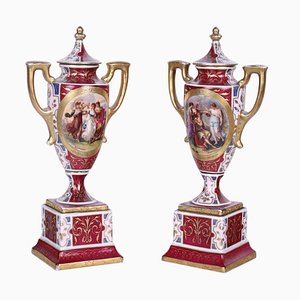 Polychrome Porcelain & Gold Lidded Vases, Set of 2