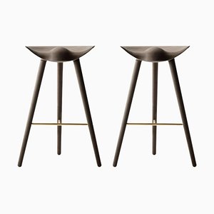 Brown Oak and Brass Bar Stools from by Lassen, Set of 2