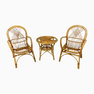 Rattan Chairs & Table, 1960s, Set of 3