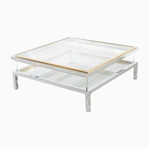 Square Hollywood Regency Coffee Table in Brass and Steel with Sliding Glass Top from Maison Jansen