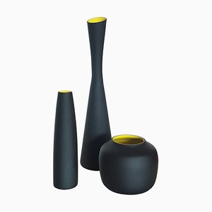 Schwarze und gelbe Vasen aus Muranoglas, 1950er, 3er Set