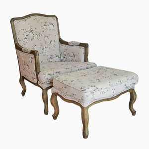 Vintage Lounge Chair with Stool in the Style of Louis XV