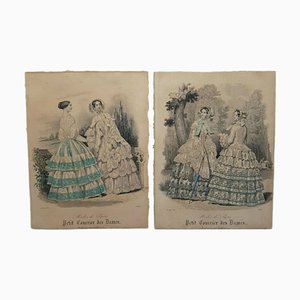 Petit Courrier des Dames Modes de Paris, Grabados pintados a mano, 1850. Juego de 2