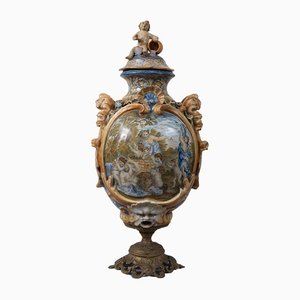 Antique Italian Enameled Majolica Vase with Golden Bronze Base