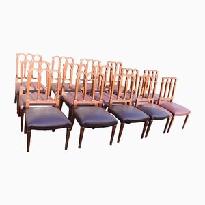 Walnut Dining Chairs with Brown Seats, 1940s, Set of 14