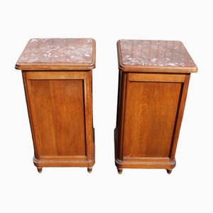 French Oak Bedside Cabinets with Marble Tops, 1920s, Set of 2