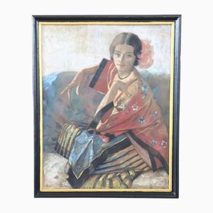 Portrait of Young Woman, 1930s, Pastel on Paper, Framed