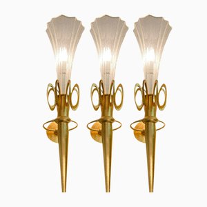 Large Gold Gilded Murano Glass Sconces, Set of 3
