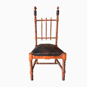 Chaise Bobin en Bois Tourné et Cuir, France, 1850s