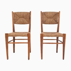 Italian Wooden & Straw Chairs 1960s, Set of 2
