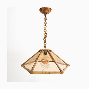 Italian Suspension Lamp in Glass and Bamboo, 1970s