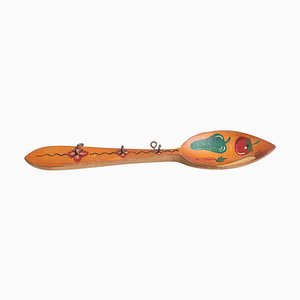 Spanish Traditional Hand-Painted Rustic Wood Spoon Artwork, 1970s