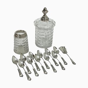19th Century Dutch Crystal & Silver Sugar Bowl & Spoon Vase Set, Set of 14