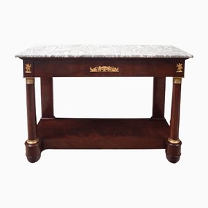 Antique French Empire Console in Mahogany Feather with Grafts of Golden Bronze Elements