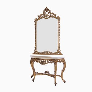Consola barroca dorada con espejo grande y tablero de mármol. Juego de 2