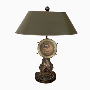Table Lamp with Cast Iron Match Donor and Hand Painted Lampshade