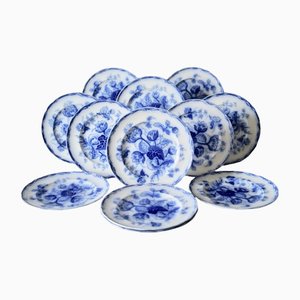 Antique Wedgwood Flow Blue Water Nymp Plates, 1870s, Set of 12