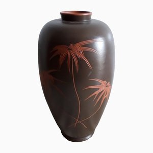 German Handmade Brown Ceramic Vase with Incised Floral Decoration in Red, 1960s