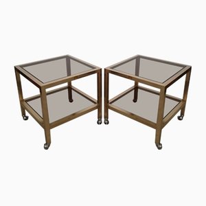 Living Room Tables in Brass and Smoked Glass with Wheels, Italy, 1970s, Set of 2