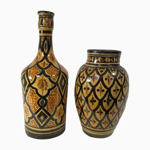 Moroccan Bottle and Vase in Enameled Terracotta from Safi, Set of 2