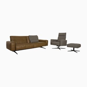 Olive Green or Gray Leather Model 50 Four-Seater Sofa, Armchair & Stool by Rolf Benz, Set of 3