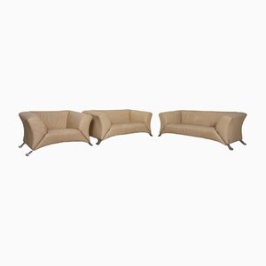 Cream Leather 322 Two Seater, Three Seater & Armchair by Rolf Benz, Set of 3