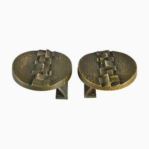 Bronze Round Push and Pull Door Handles with Geometric Relief, Set of 2