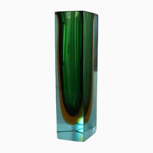 Green & Yellow Sommerso Murano Glass Block Vase by Mandruzzato