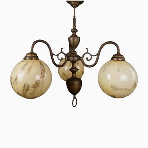 Art Deco Pendant Lamp with Marbled Opaline Glass Globes